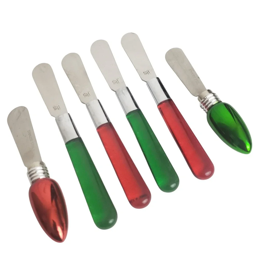 Set of 6 Christmas Holiday Spreaders Butter Knives- 4 Sur La Table, 2 Light bulb